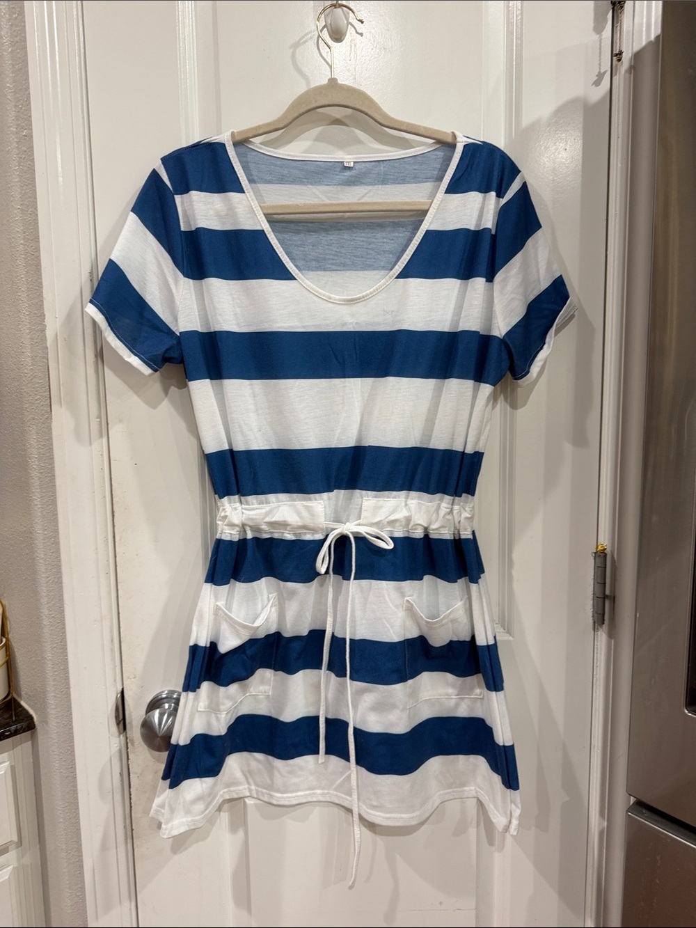 Striped Blue and White Drawstring Women's Dress